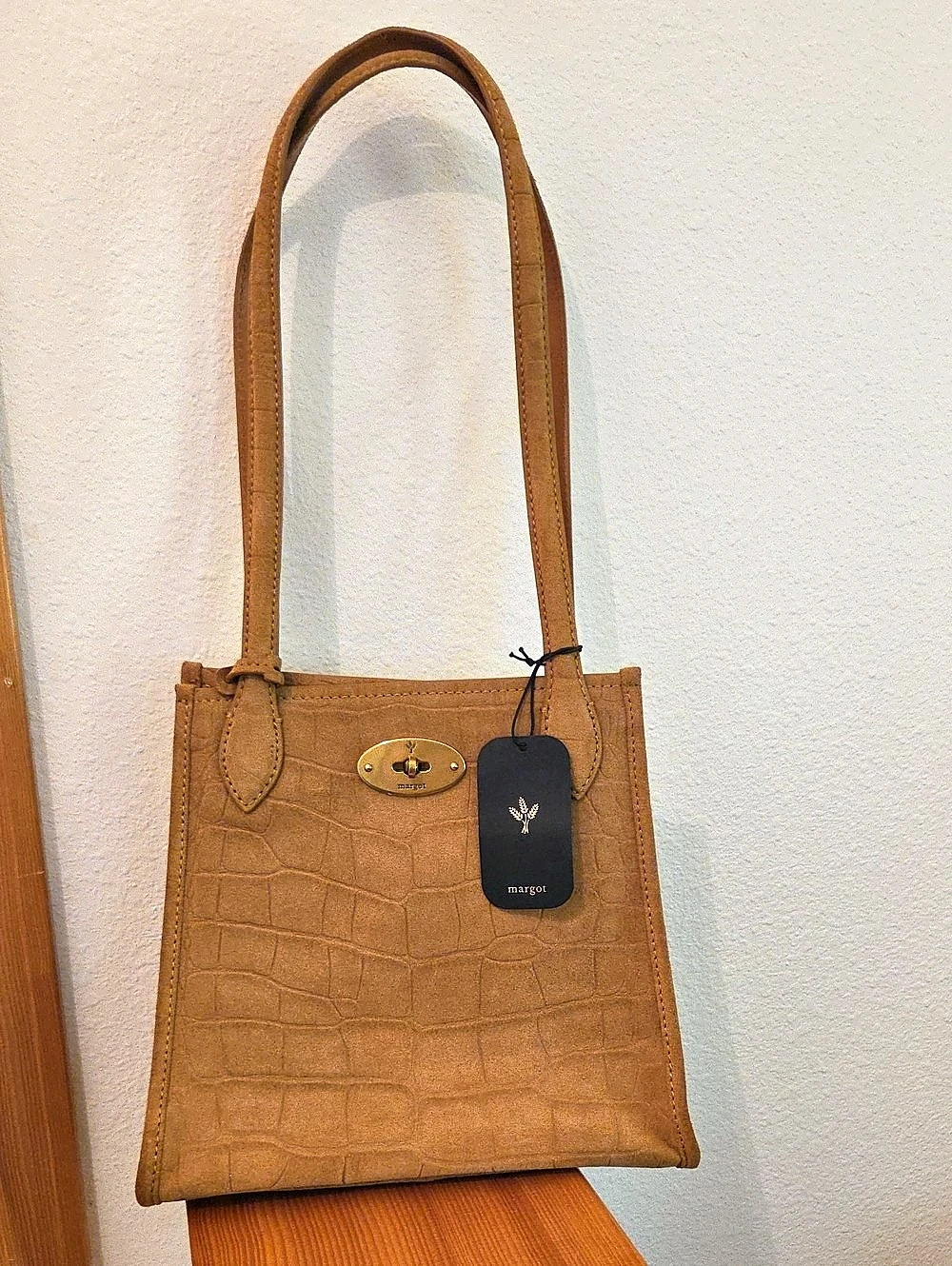 Margot Phoebe Croc-Embossed Suede Tote Brown